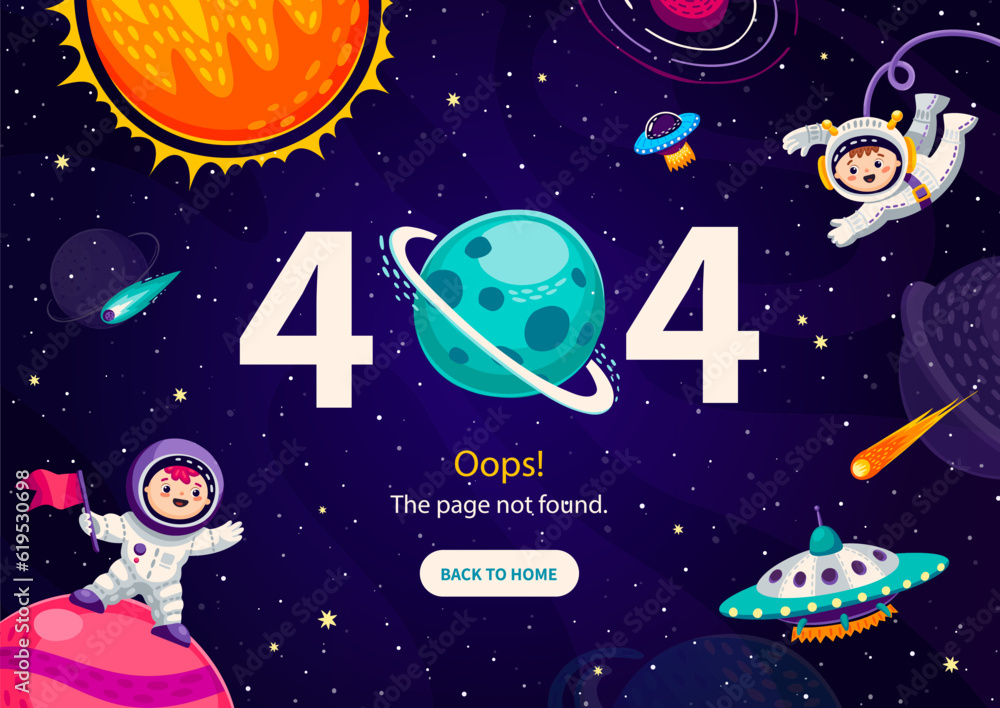 Poster Page 404, cartoon space landscape with astronauts and UFO between galaxy planets, vector website error. 404 error or web page not found, oops website service maintenance screen with galaxy planets