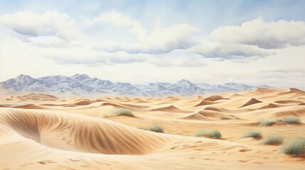 Timeless deserts stretch across vast expanses. Dunes sculpted by the wind into mesmerizing patterns that shift with the passage of time. Watercolor Painting. Generative AI - obrazy, fototapety, plakaty