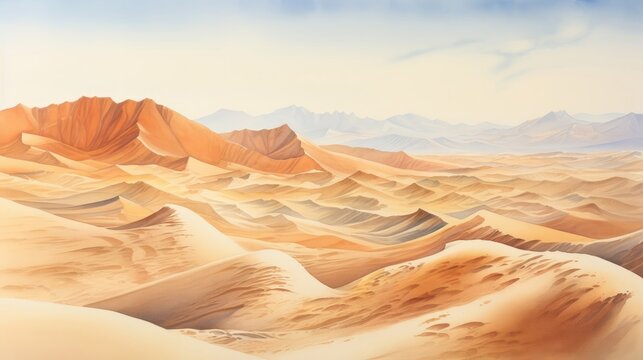 Timeless deserts stretch across vast expanses. Dunes sculpted by the wind into mesmerizing patterns that shift with the passage of time. Watercolor Painting. Generative AI