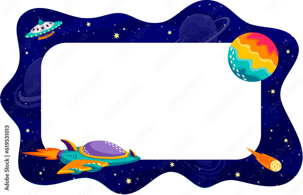 Poster Border frame with galaxy space landscape, spaceship and comet. Vector background with shuttle at mesmerizing otherworldly scene capturing imagination and inviting to explore the depths of far cosmos