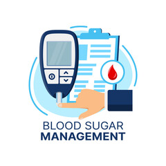 Fototapeta premium Diabetes care icon of vector blood sugar management. Glucose level meter or glucometer with sugar test strip and finger, blood drop and health check up clipboard. Diabetes control or prevention symbol