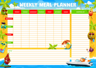 Weekly meal planner, cartoon fruits characters on summer beach, food plan. Eating vector organizer of weekly diet schedule with papaya, mandarin and feijoa with pitaya fruit on summer sea holidays