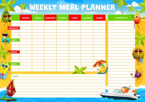 Weekly meal planner, cartoon fruits characters on summer beach, food plan. Eating vector organizer of weekly diet schedule with papaya, mandarin and feijoa with pitaya fruit on summer sea holidays