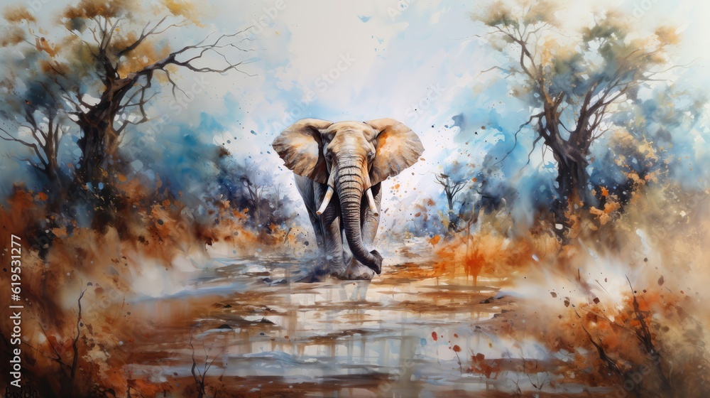 Poster Gentle giant, the elephant, with its remarkable memory and empathetic nature, symbolizes wisdom, family bonds, and the importance of conservation efforts for these magnificent creatures. Generative AI