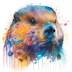 Watercolor beaver portrait colorful painting. Realistic wild animal illustration. Created with Generative AI technology. - obrazy, fototapety, plakaty