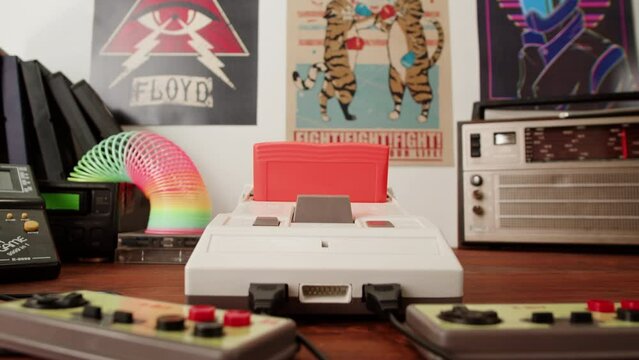 Old TV Game Console with ROM Cartridge, Vintage Gamer Room Joystick and Retro TV, Man Player Start the Game, Play.