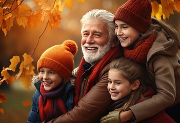 uncle with nieces and nephews taking photo in autumn park, Generative Ai