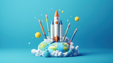Back to school concept with globe, pencils and rocket - obrazy, fototapety, plakaty