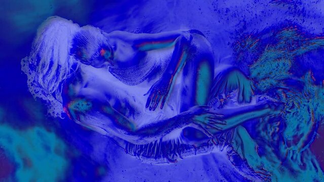 Psychedelic art of two lovers in the water they shimmer with neon colors