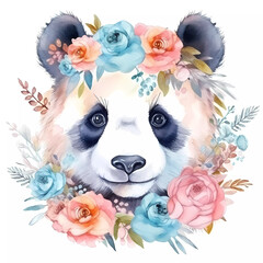 Watercolor cute panda bear painting with boho floral wreath. Wild animal illustration on white background.