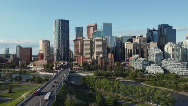 Aerial view of Calgary's urban city centre on a beautiful summer morning, 