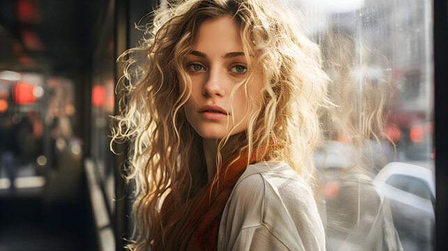 Beautiful blue-eyed blonde woman posing for a photo leaning against a window. Model for advertising