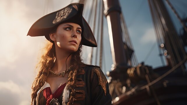 brave woman pirate captain of naval fleet, fantasy portrait, Generative Ai © QuietWord