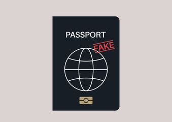 Fake stamp on a passport cover, documents forgery, international crime - obrazy, fototapety, plakaty