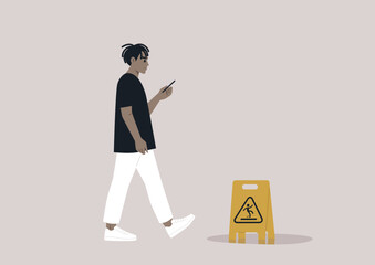 Young African character distracted by their smartphone ignoring a yellow wet floor caution sign on their way