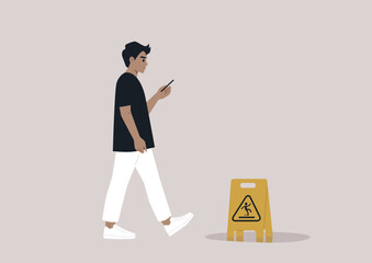 Young Caucasian character distracted by their smartphone ignoring a yellow wet floor caution sign on their way