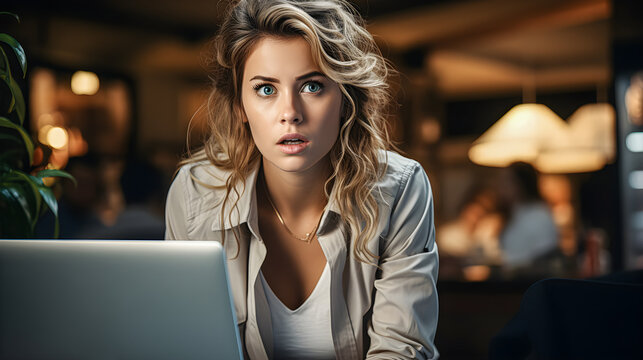 Blonde business woman with blue eyes with a surprised face working with her laptop at home or in the office