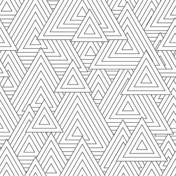 Black and white seamless pattern for coloring book in doodle style. Triangles.