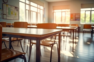 Empty classroom interior with wooden desks and chairs