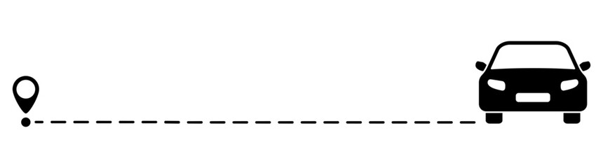 Car route with location pin icon. Automobile silhouette driving on dotted path. Journey and travel concept. Vector illustration isolated on white.