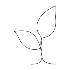 Leaves continuous line drawing. Plant branch one line art. Vector illustration isolated on white.	