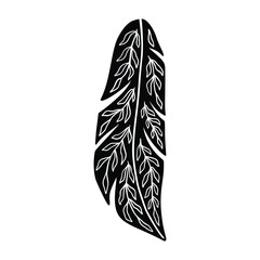 Boho Floral Feather Silhouette. Hand Drawn Feather in Linocut Style. Ethnic Icon Vector Illustration Isolated on White Background. Bohemian Clipart for Logo, Poster, T Shirt Print.