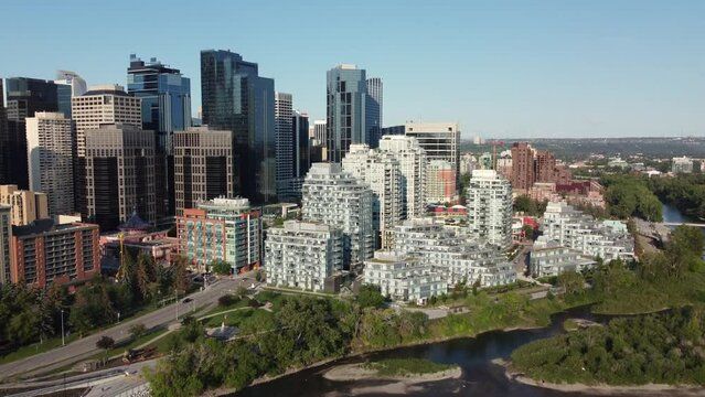 Aerial view of Calgary's urban city centre on a beautiful summer morning, 