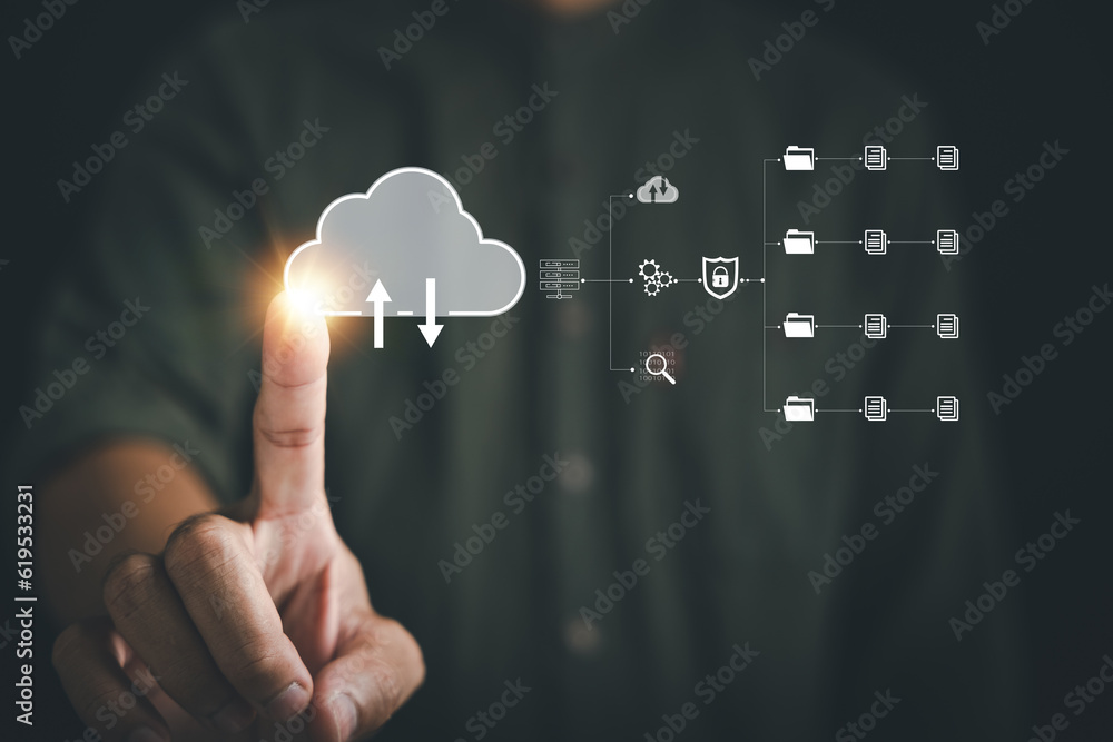 Aufkleber the businessman's finger points to the cloud icon, signifying the seamless connection and access to 