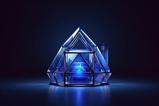 Abstract house icon in blue glass dome. Low-poly style. Abstract neon frame style