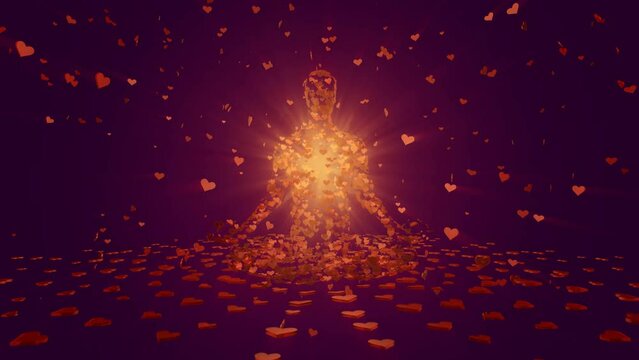 looped 3D animation. Buddha in a meditative pose. vibrations of love and rays of light.