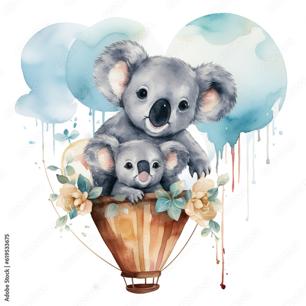 Wall mural mom and baby koala in hot air balloon in watercolor style