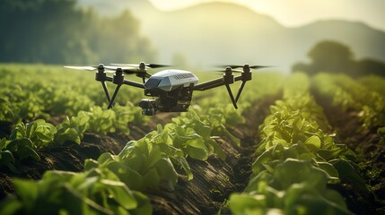 Drone spraying fertilizer on vegetable green plants. Futuristic technologies of the future