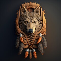 Generative ai of wolf head carved out of wood