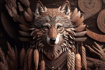 generative ai of wooden wolf totem - obrazy, fototapety, plakaty