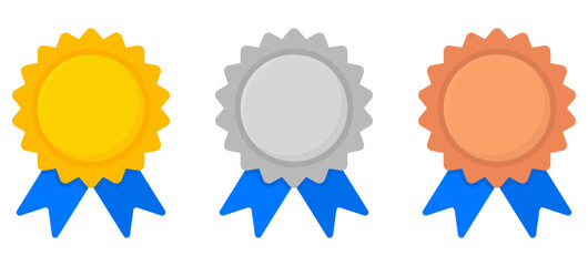 Golden, silver and bronze medals set. Award badge with blue ribbons collection. Vector illustration isolated on white.