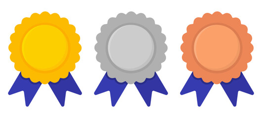 Golden, silver and bronze medals set. Award badge with blue ribbons collection. Vector illustration isolated on white.