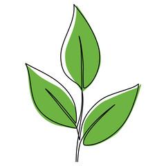Leaves continuous line drawing. Plant branch one line art with green shapes. Vector illustration isolated on white.
