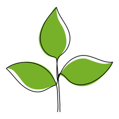 Leaves continuous line drawing. Plant branch one line art with green shapes. Vector illustration isolated on white.