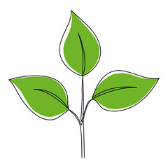 Leaves continuous line drawing. Plant branch one line art with green shapes. Vector illustration isolated on white.
