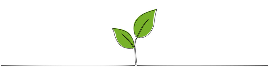 Two leaves continuous line drawing. Plant branch one line art with green shapes. Vector illustration isolated on white.