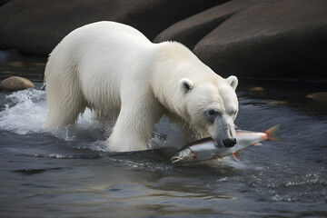 Naklejka na ściany i meble Polar bear hunting in water, Generative AI