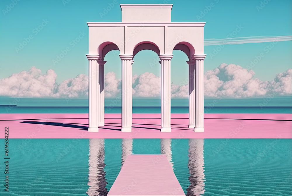 Poster vaporwave landscape with abstract building with pillars. 80s styled pink and blue minimalistic archi