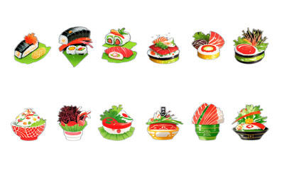 delicious sushi seafood shoyu wasabi icon set by generative ai