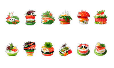 Fototapeta na wymiar delicious sushi seafood shoyu wasabi icon set by generative ai