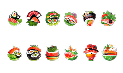 delicious sushi seafood shoyu wasabi icon set by generative ai