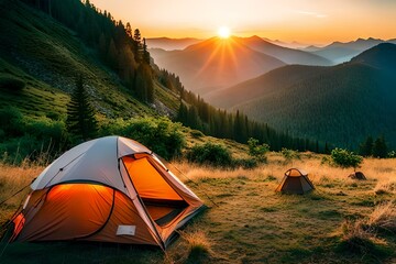camping in the mountains - obrazy, fototapety, plakaty
