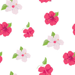 Vector seamless pattern with pink hibiscuses - 619535252