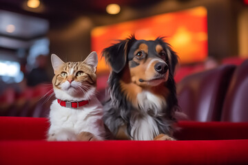 Very cute pets watching movie together in the theatre