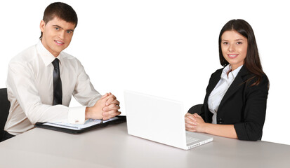 Fototapeta premium Businessman and Businesswoman at Work - Isolated