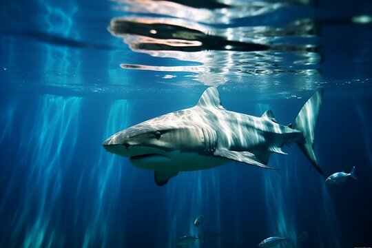 The shark is swimming in the water. Refraction of sunlight